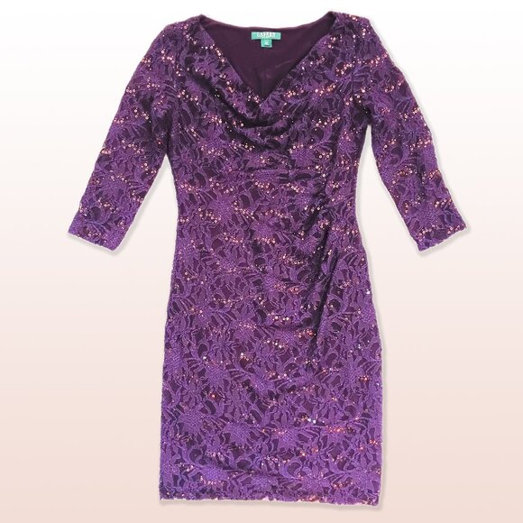 Ralph Lauren Purple Lace Evening Dress with Sequins Size 12 - Picture 1 of 9